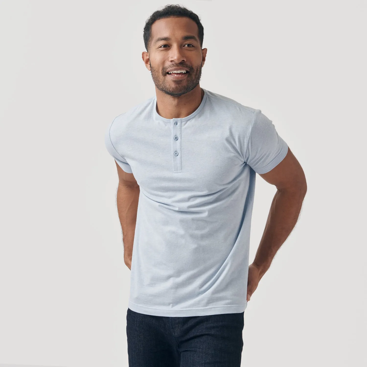 Heather Pale Blue Short Sleeve Henley sold by True Classic
