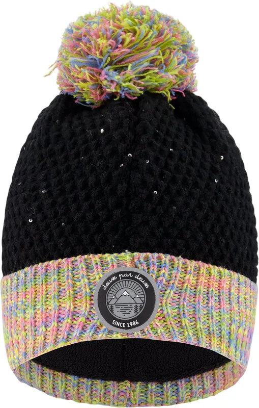 Black-Multicolor Lined Knit Pompom Hat - Little Girl|-|Tuque en tricot doublé à pompon Noir-Multicolore - Petite fille sold by Altitude Sports