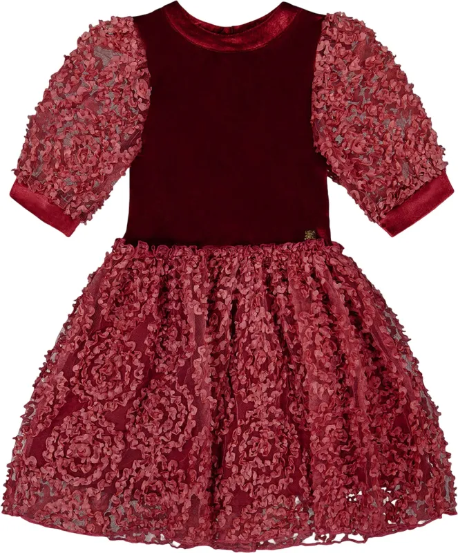 Puff Sleeve Bi-Material Velour and Lace Dress - Little Girl|-|Robe bi-matière en velours et dentelle à manches bouffantes - Petite fille made by deux par deux