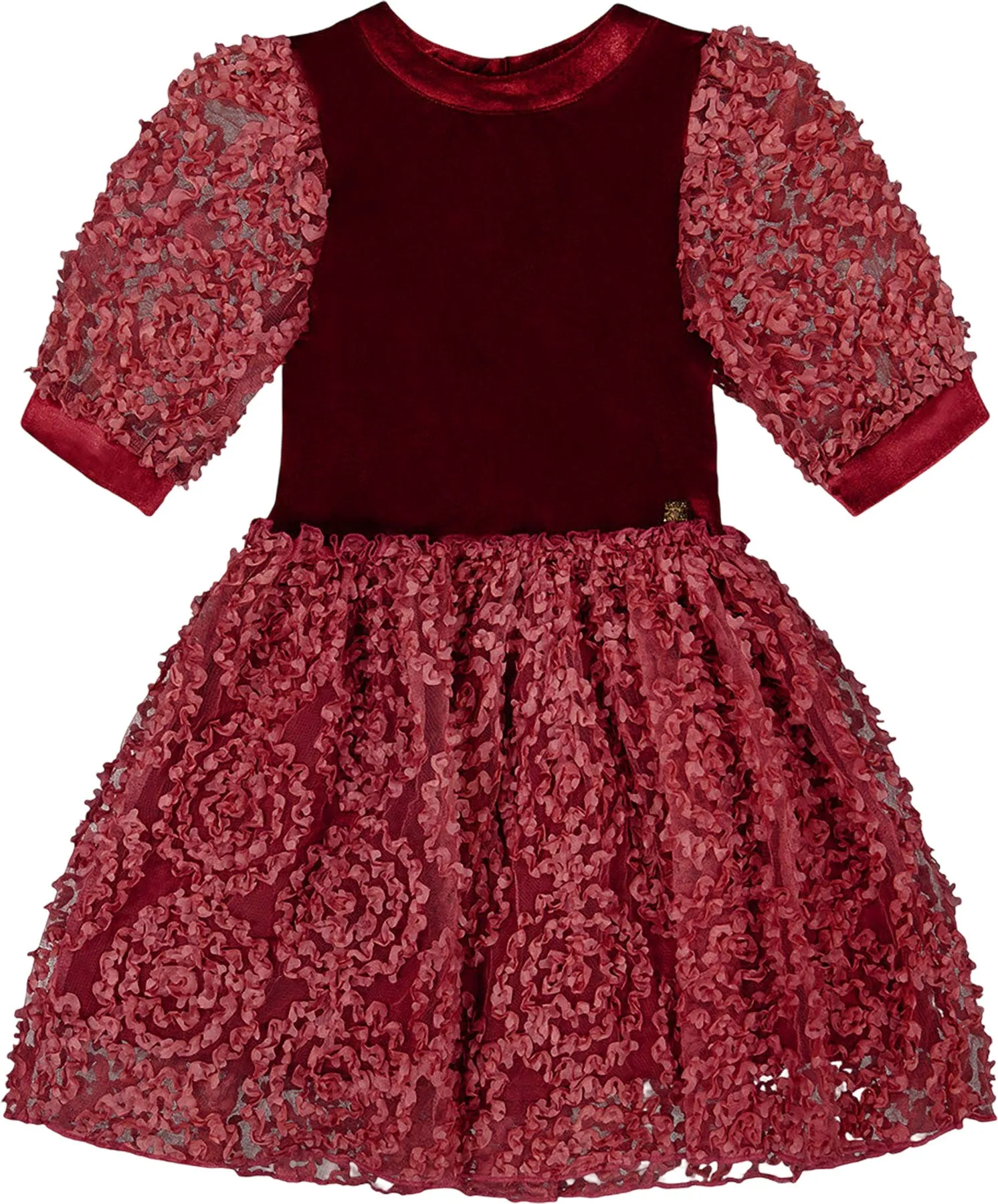 Puff Sleeve Bi-Material Velour and Lace Dress - Little Girl|-|Robe bi-matière en velours et dentelle à manches bouffantes - Petite fille sold by Altitude Sports
