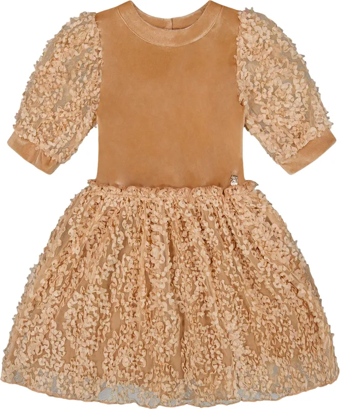 Puff Sleeve Bi-Material Velour and Lace Dress - Big Girl|-|Robe bi-matière en velours et dentelle à manches bouffantes - Grande fille made by deux par deux