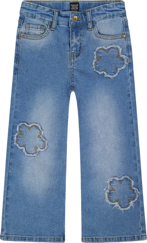 Wide Leg Stretch Denim Jeans with Flower Stitching - Big Girl|-|Jean en denim extensible à jambe large et fleurs brodées - Grande fille sold by Altitude Sports