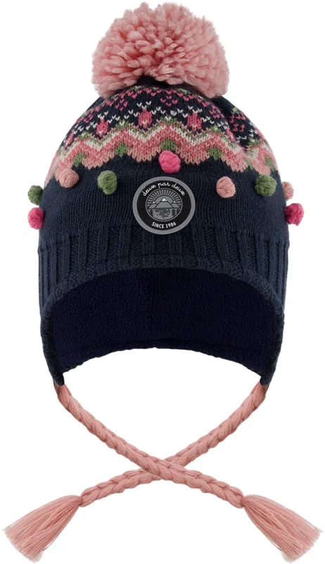 Navy Blue-Pink Lined Peruvian Knit Pompom Hat - Little Girl|-|Tuque péruvien en tricot doublé à pompon - Petite fille sold by Altitude Sports