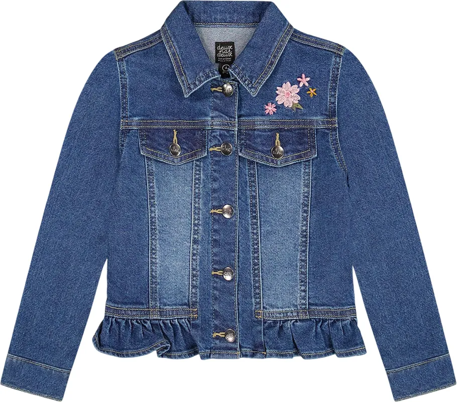 Denim Jacket with Ruffle Hem and Floral Embroidery - Big Girl|-|Manteau en avec ourlet à volants et broderies florales - Grande fille sold by Altitude Sports