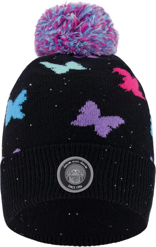 Black Butterfly Pattern Lined Knit Pompom Hat - Little Girl|-|Tuque en tricot doublé à pompon Noir Butterfly - Petite fille sold by Altitude Sports