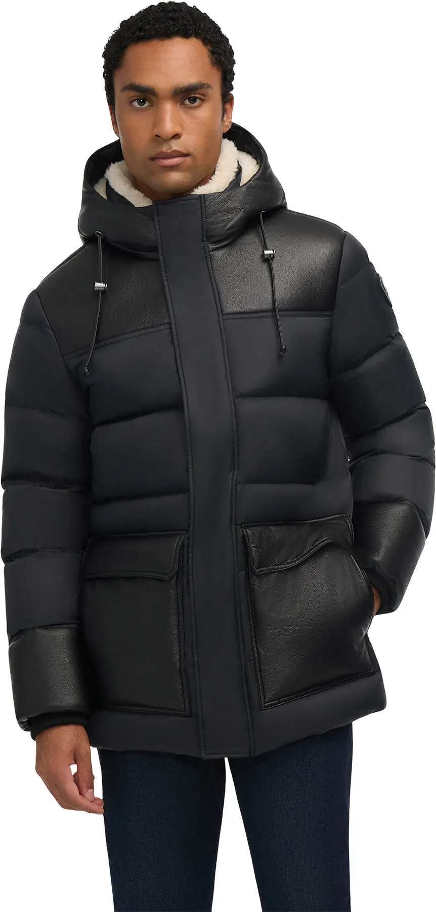 Wolf Mix Media Faux Shearling Puffer Parka with Fixed Hood - Men's |-|Parka matelassée en fausse fourrure mélangée avec capuchon Wolf - Homme sold by Altitude Sports