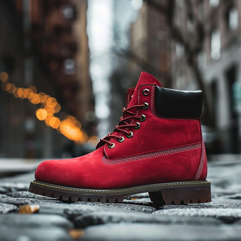 Red Leather Anziano Ankle Rugged Lace Up Combat Hiking Boots with Chunky Track Sole sold by Costoso Italiano