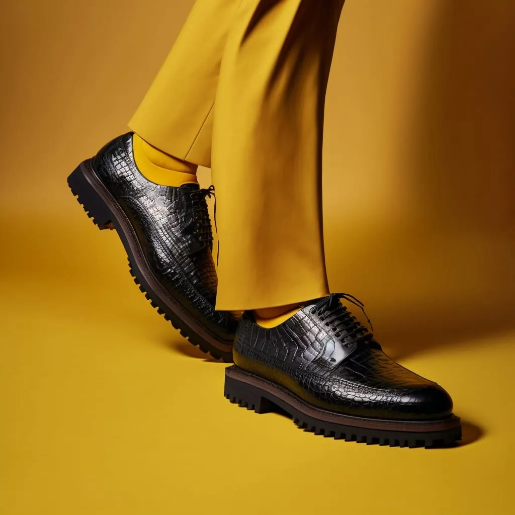 Black Crocodile Print Leather Colby Chunky Derby Shoes - AW24 sold by Costoso Italiano
