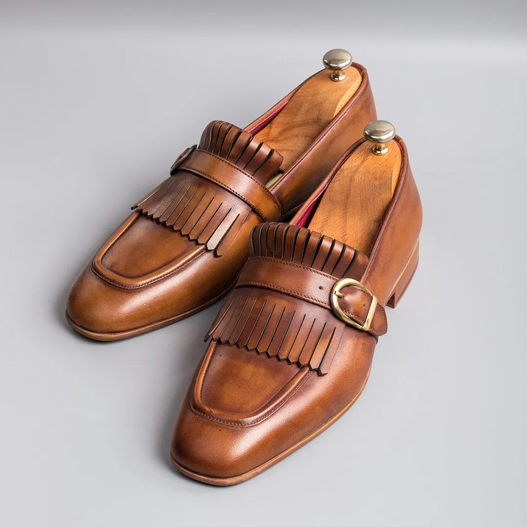 Height Increasing Tan Leather Biasca Single Monk Straps sold by Costoso Italiano