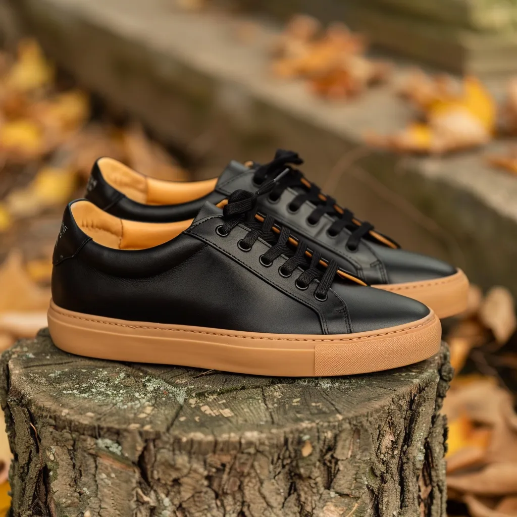 Black Leather Raffaele Lace-Up Sneakers With Honey Colour Sole sold by Costoso Italiano