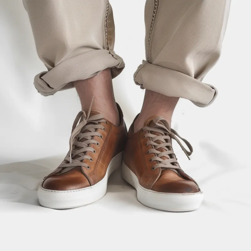 Tan  Leather  Lace Up AlabasterRun Sneakers  With White Sole - Summer 2024 Collection sold by Costoso Italiano