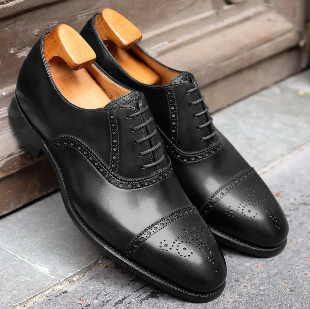 Height Increasing Black Leather Alcacer Brogue Toecap Oxfords - Formal Shoes sold by Costoso Italiano