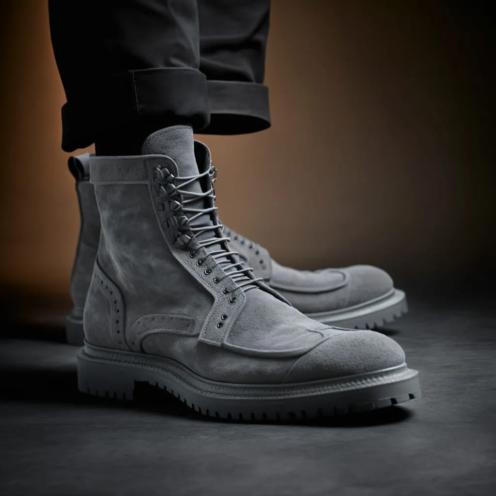 Height Increasing Grey Suede Brooks Chunky Hiking Combat Boots - AW24 - Hiking and Trekking Boots sold by Costoso Italiano