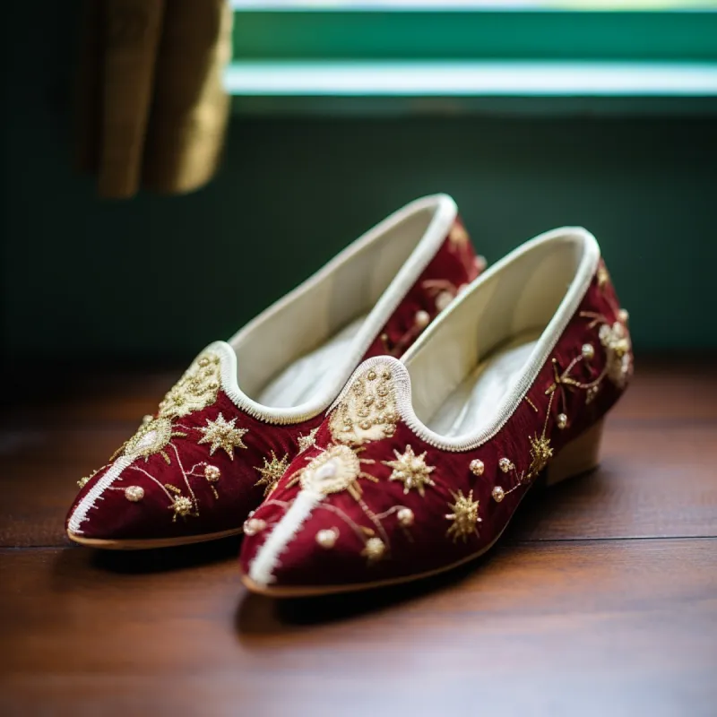 Red Velvet Hand Work Zardozi Peshawari Loafers | Wedding Shoes for Groom | Shoes for Haldi Mehendi Sangeet sold by Costoso Italiano
