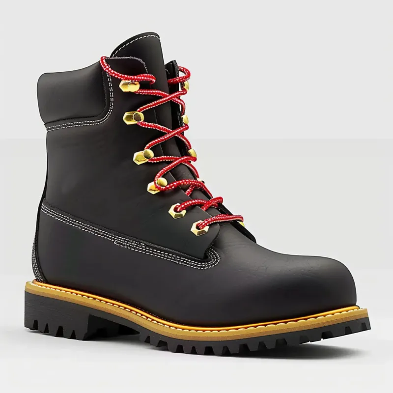 Black Leather Adagio Ankle Rugged Lace Up Combat Hiking Boots with Chunky Track Sole sold by Costoso Italiano