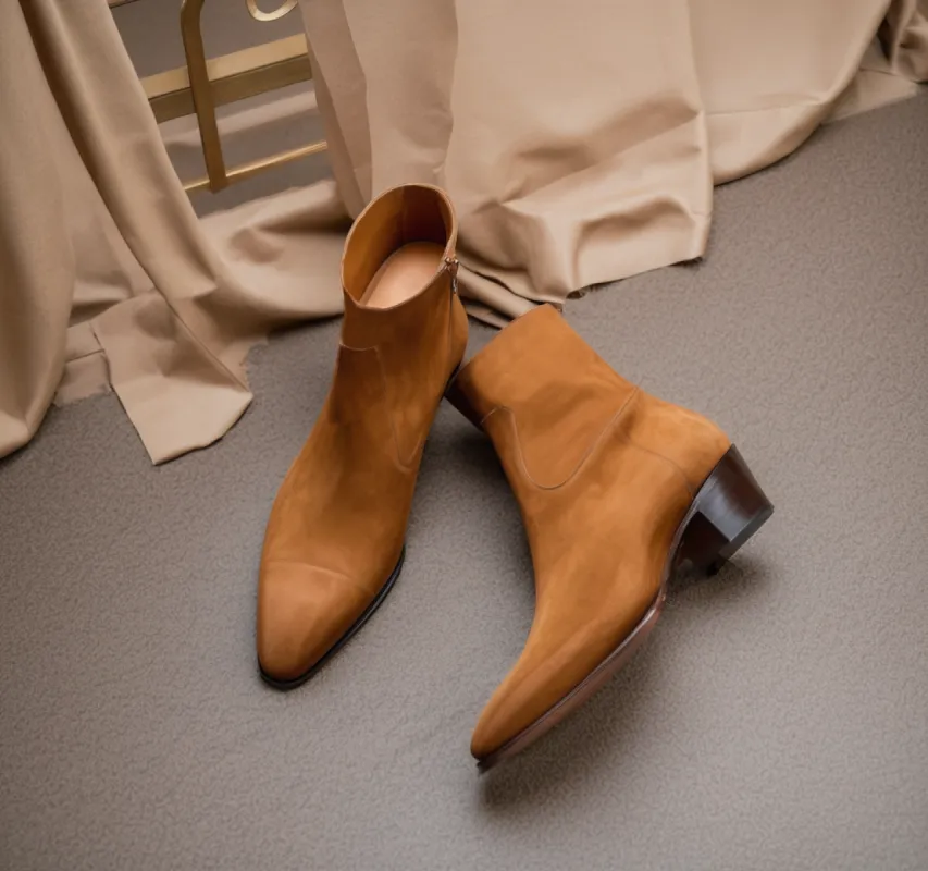 Tan Suede Leather Fiorina Slip On Zipper Pointed Boots for Men - AW24 sold by Costoso Italiano