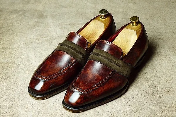 Height Increasing Brown Leather and Green Suede Huelva Loafers sold by Costoso Italiano