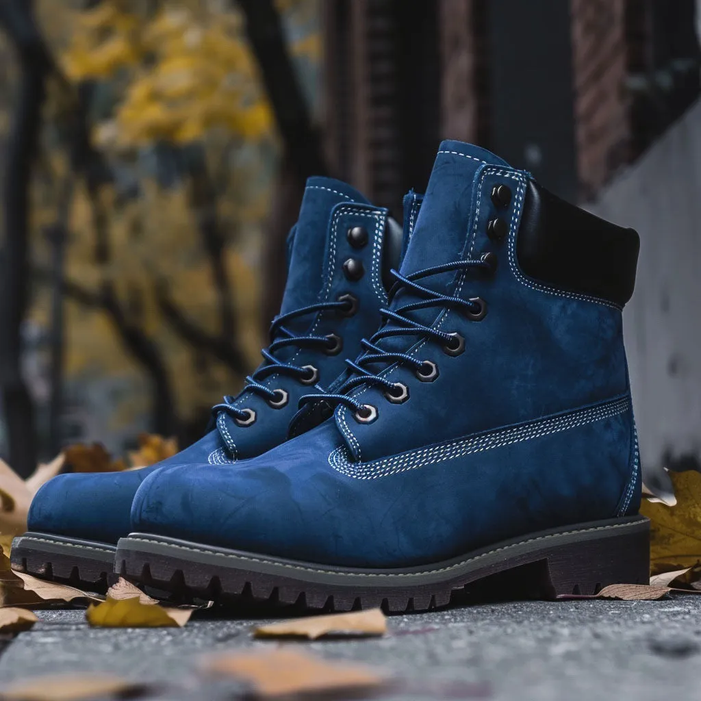 Blue Leather Allegro Ankle Rugged Lace Up Combat Hiking Boots with Chunky Track Sole sold by Costoso Italiano