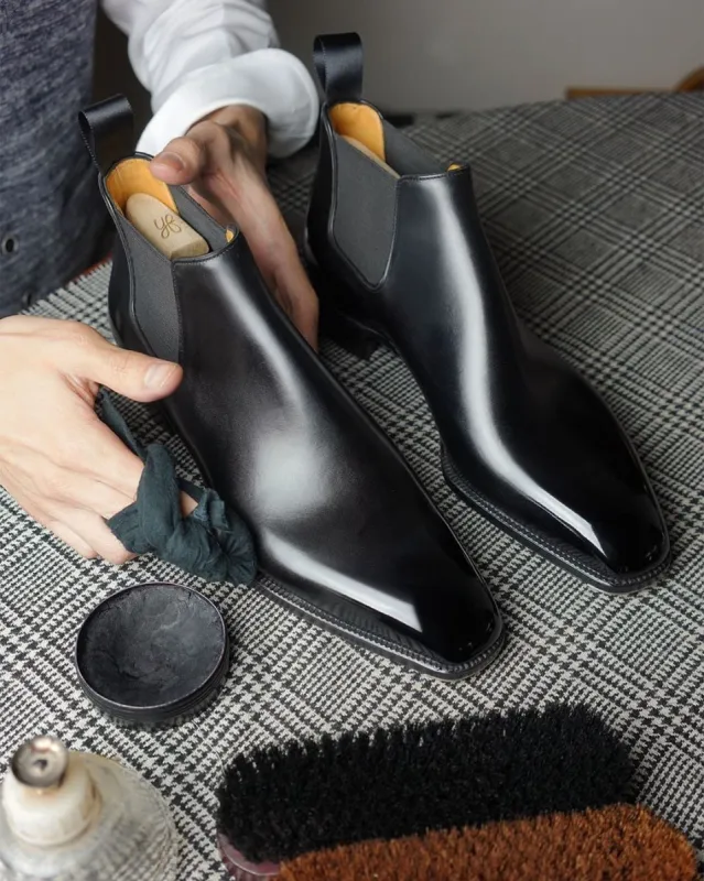 Height Increasing Black Italian Leather Recife Slip On Chelsea Boots - Goodyear Welted Fiddle Back Violin Sole sold by Costoso Italiano