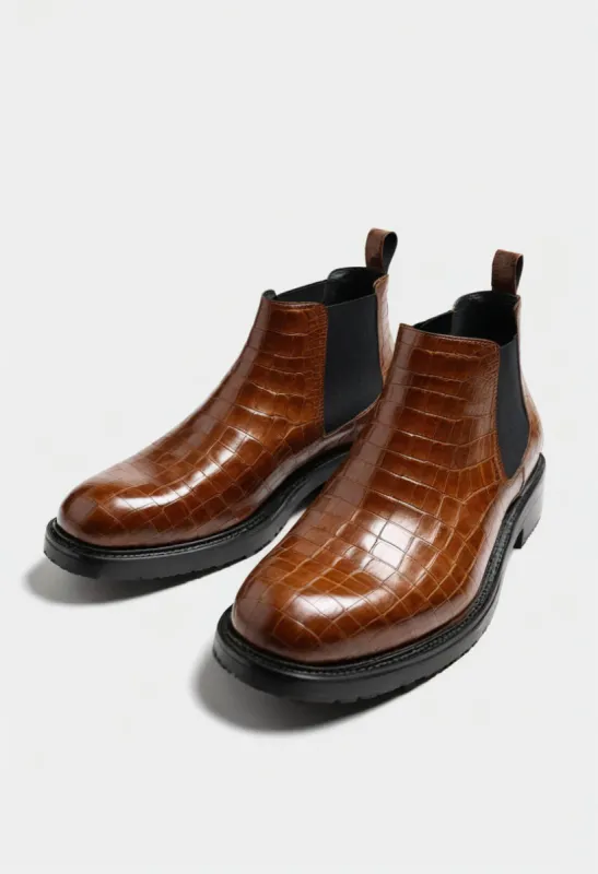 Brown Croc Print Leather Grayson Chelsea Boot sold by Costoso Italiano