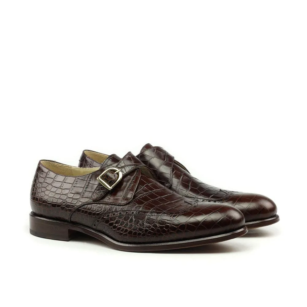 Flat Feet Shoes - Goodyear Welted Guarda Brown Leather Croc Print Double Monk Strap With Violin Leather Sole with Arch Support sold by Costoso Italiano