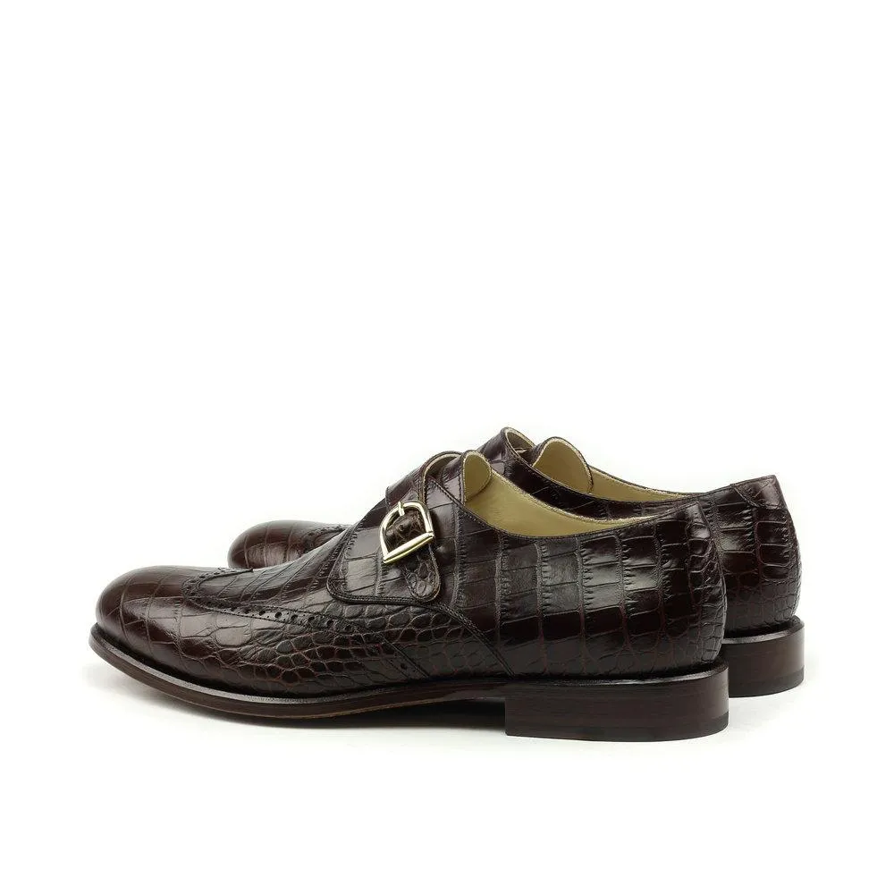 Flat Feet Shoes - Goodyear Welted Guarda Brown Leather Croc Print Double Monk Strap With Violin Leather Sole with Arch Support sold by Costoso Italiano product image thumbnail 2
