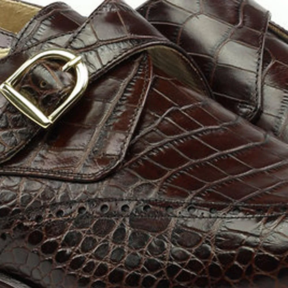 Flat Feet Shoes - Goodyear Welted Guarda Brown Leather Croc Print Double Monk Strap With Violin Leather Sole with Arch Support sold by Costoso Italiano product image thumbnail 3