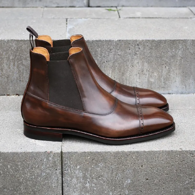 Height Increasing Brown Leather Astorga Brogue Toecap Chelsea Boots sold by Costoso Italiano
