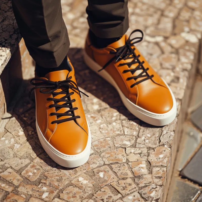 Tan Leather Urban Stride Lace-Up Sneakers with White Sole - Summer 2024 Collection sold by Costoso Italiano