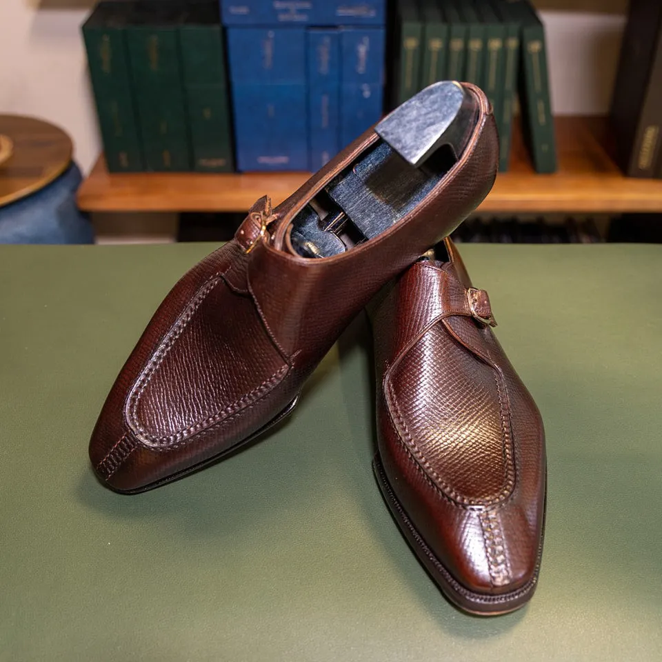 Brown Milled Grain Leather Lisbon Buckle Single Monk Straps - AW24 sold by Costoso Italiano