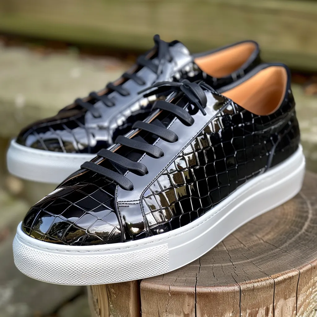 Black Croc Print Leather Oreste Lace Up With White Sole Sneakers sold by Costoso Italiano
