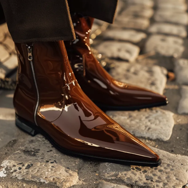 Brown Patent Leather Gedeone Slip-On Pointed Zipper Boots sold by Costoso Italiano