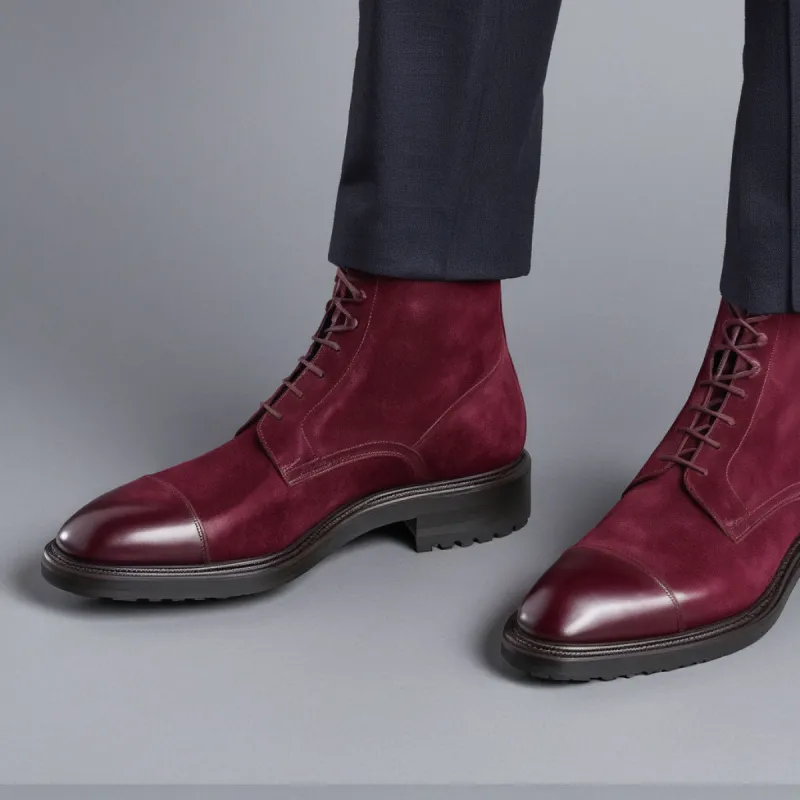 Burgundy Suede Leather Likech Lace Up Combat Boots -AW24 sold by Costoso Italiano