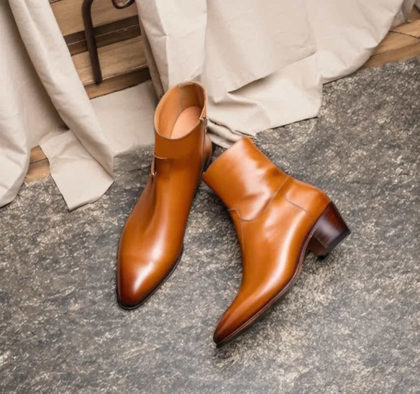 Tan Leather Fiorina Slip On Zipper Pointed Boots for Men - AW24 sold by Costoso Italiano