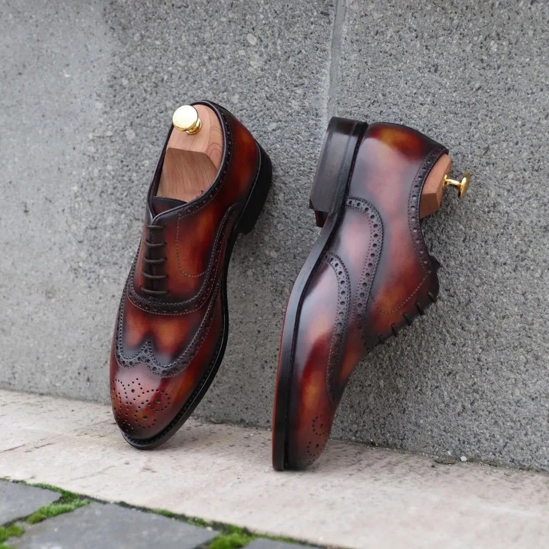 Brown Patina Leather Viacha Brogue Wingtip Oxford Shoes sold by Costoso Italiano