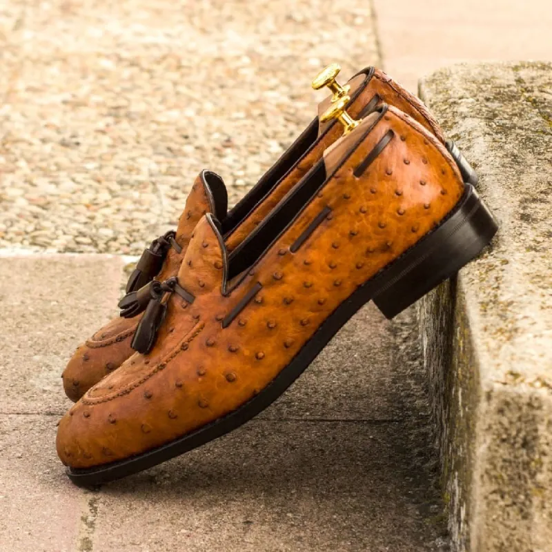 Tan Ostrich Print Leather Asaro Slip On Tassel Loafers sold by Costoso Italiano