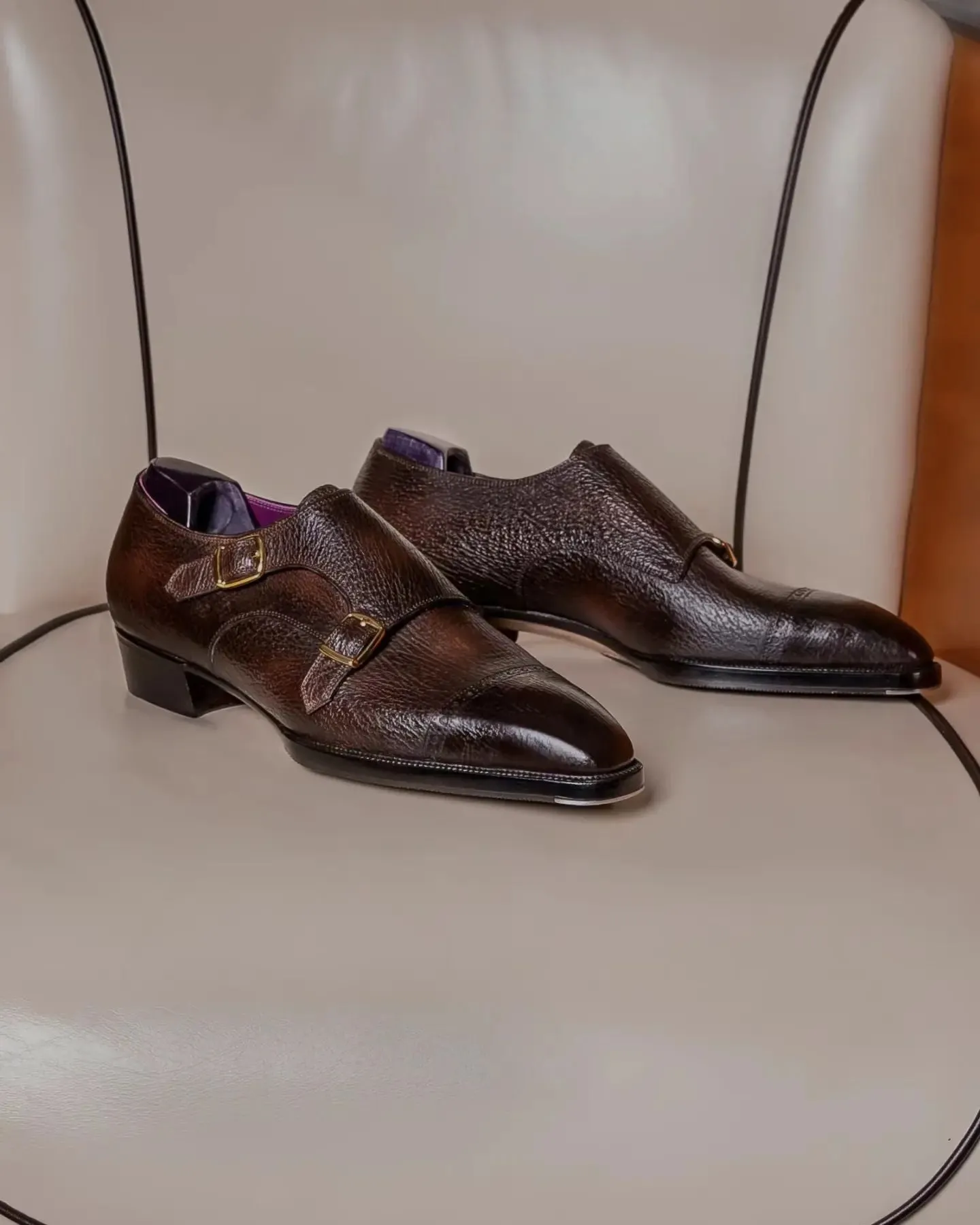 Tan Leather Santoni Carlos Castle Monk Straps Shoes sold by Costoso Italiano