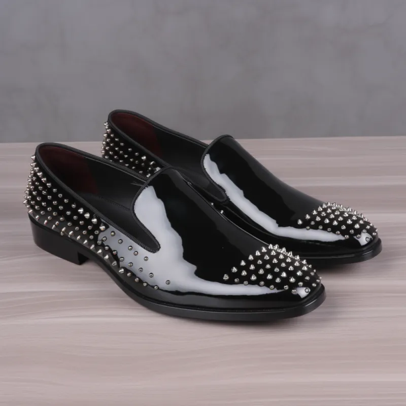 Black Leather Spike Sheenara Slip On Studded Loafers - SS23 sold by Costoso Italiano