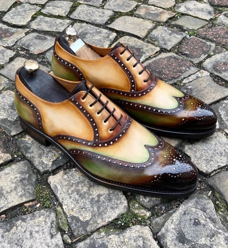 Mango Yellow and Green Leather Dietikon Brogue Oxfords - Formal Shoes sold by Costoso Italiano