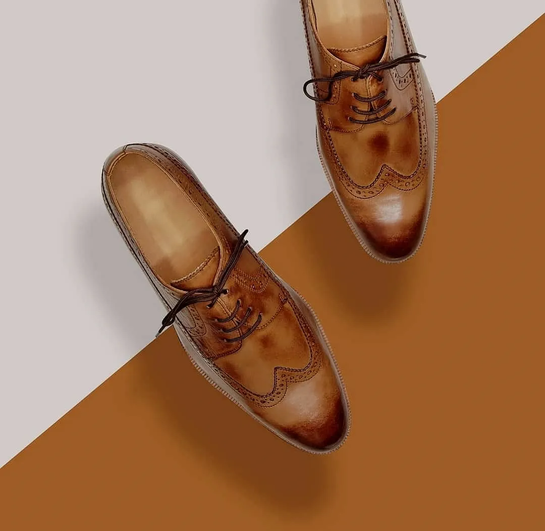 Height Increasing Tan Leather Coppet Brogue Wingtip Derby Shoes sold by Costoso Italiano