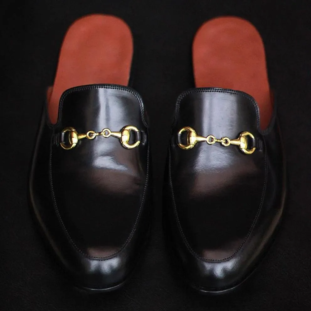 Flat Feet Shoes - Black Leather Leiria Horsebit Slippers with Arch Support sold by Costoso Italiano