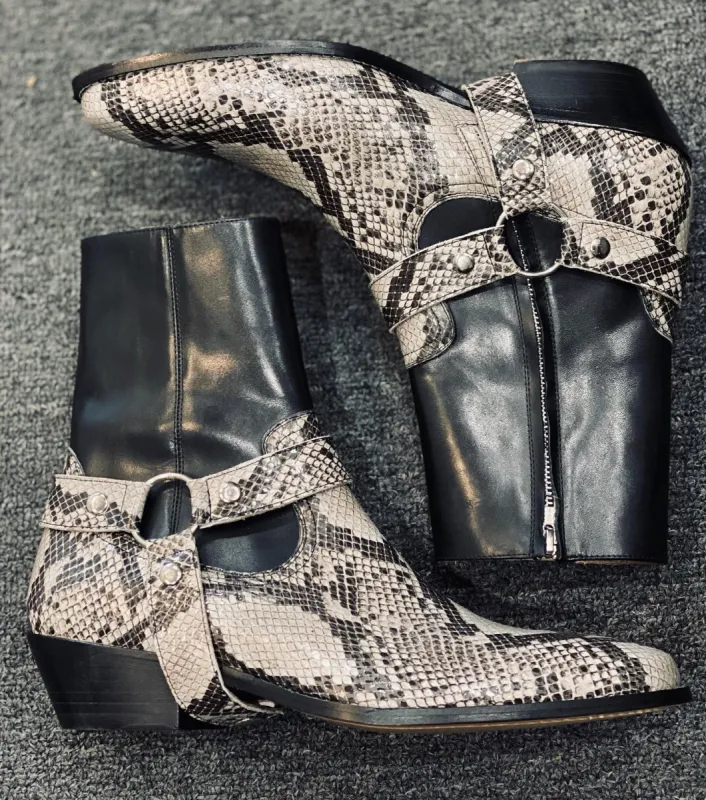 Black Leather With Snake Print Ravien Rustics Harness Chelsea Boots sold by Costoso Italiano