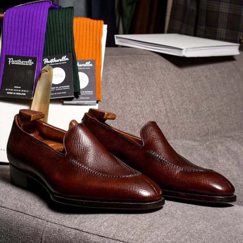 Brown Milled Grain Leather Palermo Slip On Loafers - AW24 sold by Costoso Italiano