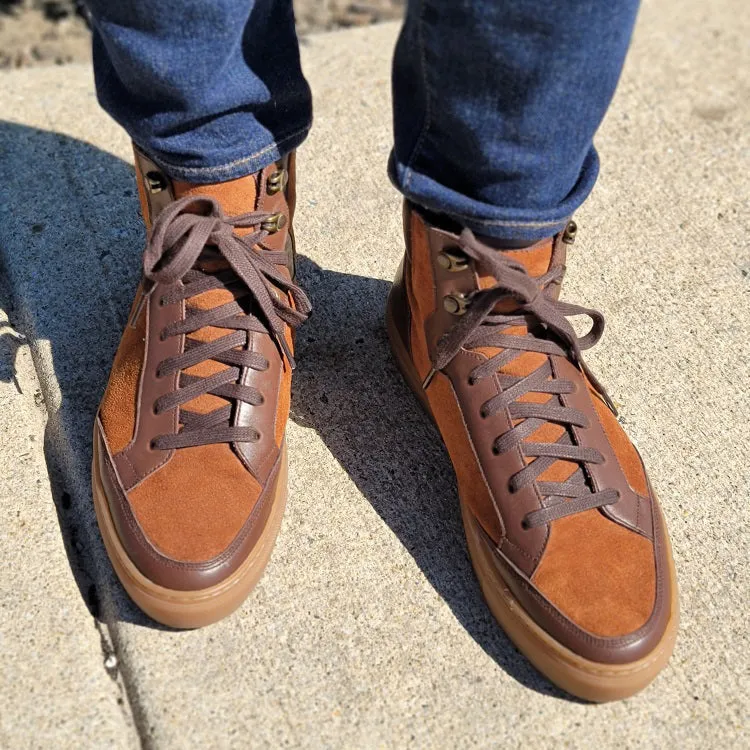 Height Increasing Tan Suede and Brown Leather Foxton Lace Up High Top Sneakers - Summer 2024 Collection sold by Costoso Italiano