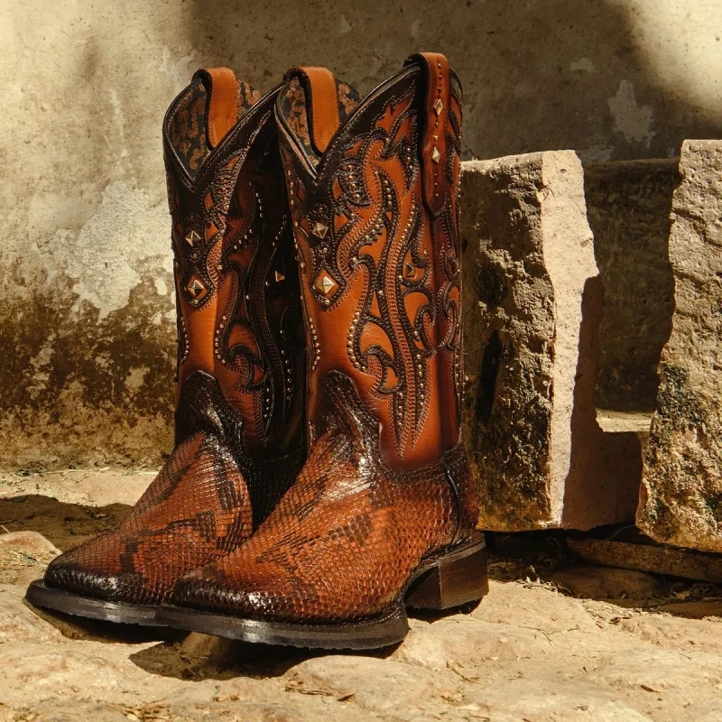 Tan Python Print Leather Fencourt Zipper Cowboy Boots - AW24 sold by Costoso Italiano