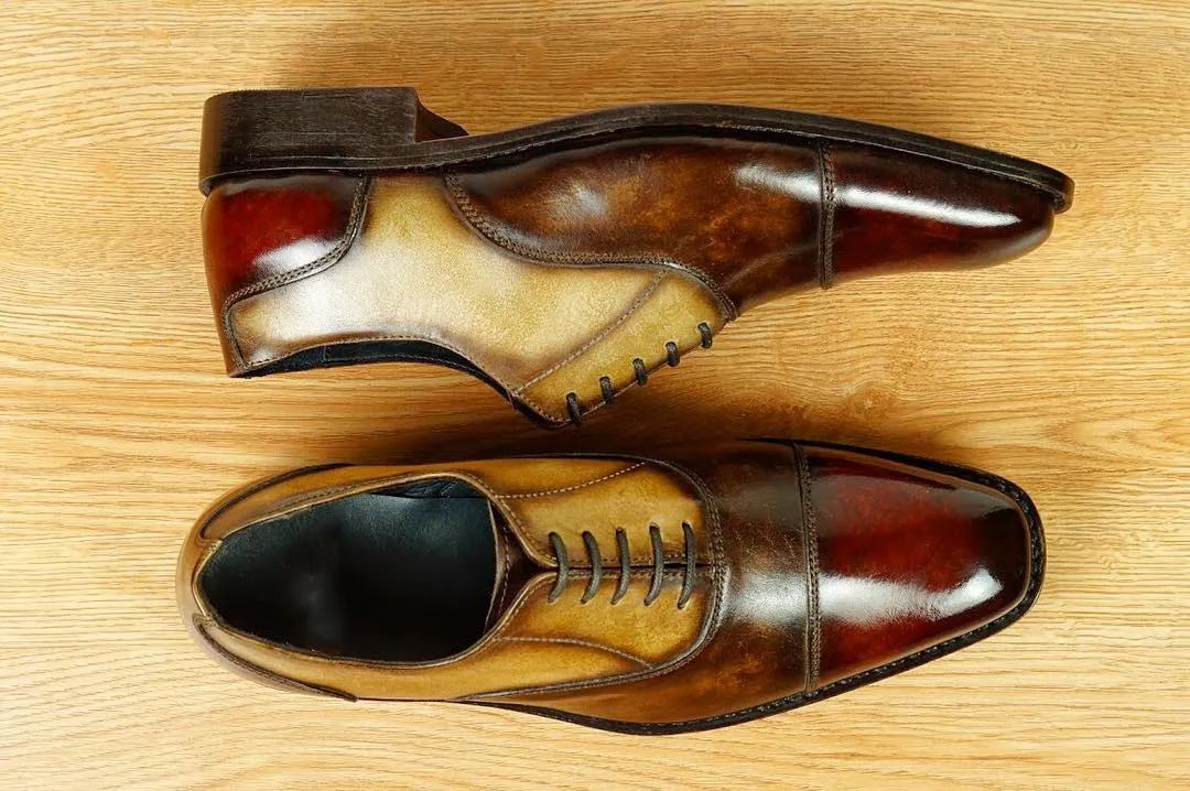 Height Increasing Burgundy Brown Leather and Matte Gold Leather Croglio Balmoral Oxfords - Formal Shoes sold by Costoso Italiano