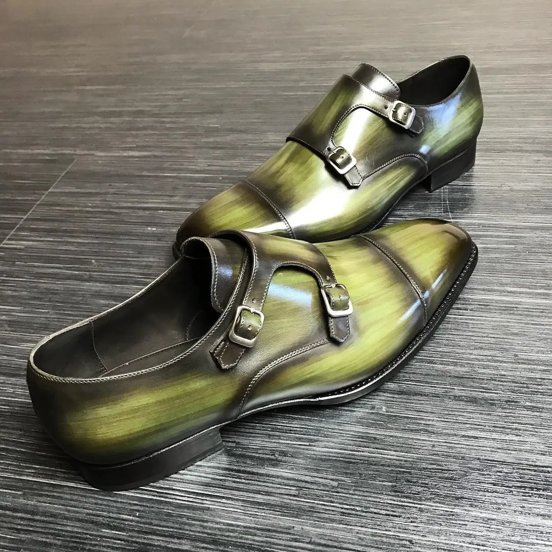 Height Increasing Green Leather Alvor Monk Straps sold by Costoso Italiano