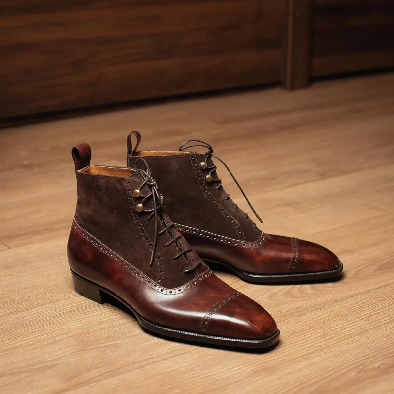 Brown Leather and Suede Orvieto Lace Up Brogue Oxford Boots - AW24 sold by Costoso Italiano