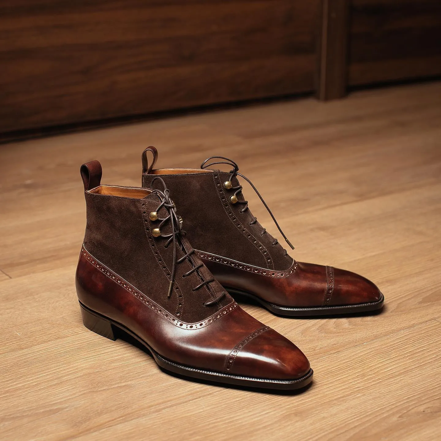 Brown Leather and Suede Orvieto Lace Up Brogue Oxford Boots - AW24 sold by Costoso Italiano