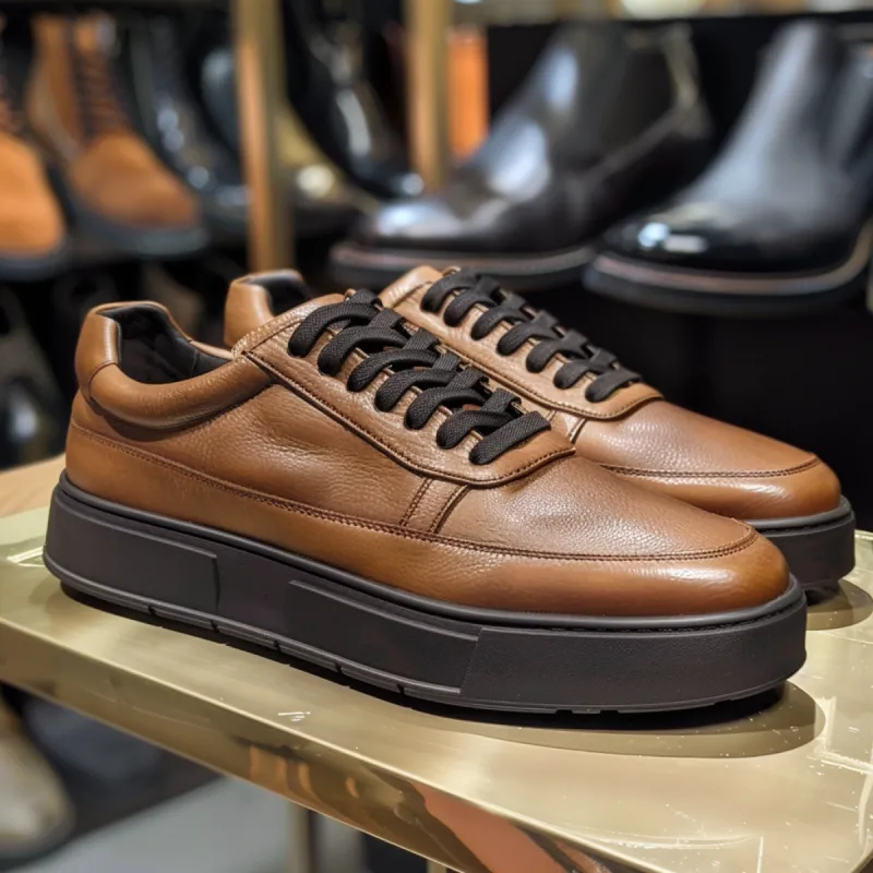 Brown Leather Damiano With Thick White Sole Sneakers sold by Costoso Italiano